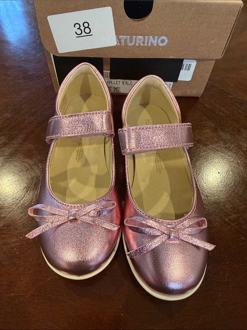 Naturino Girls Metallic Pink Mary Jane Shoes with Bow, Size 27